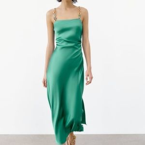 ZARA | Satin Chain Strap Midi Dress | Sea Green | NWT